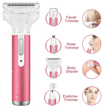 4 in 1 Women Electric Shaver Rechargeable Waterproof Razor Painless Epilator Body Hair Remover Nose Hair Beard Bikini Trimmer Eyebrow Face Facial Armpit Legs Removal Clipper Lady Grooming Groomer Kit