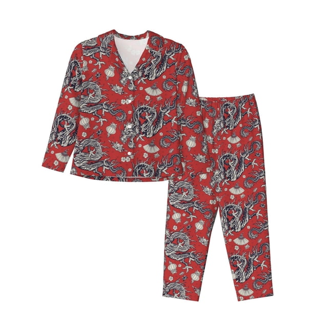 Fotbe Dragons2 Conjunto de Pijama de Manga Larga para Mujer con Estampado, Ropa de Dormir de 2 Piezas, Conjunto de Casa Suave y Cómodo con Bolsillos-Medium