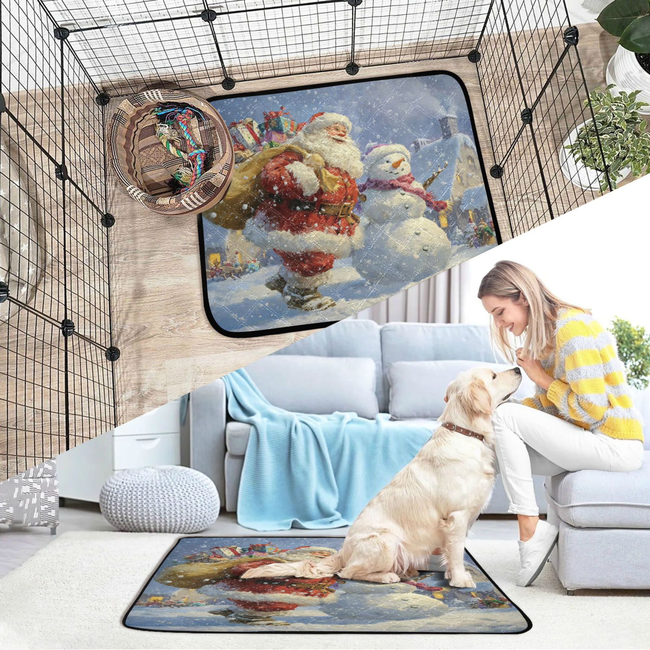 Qxltty Santa Claus and Snowman Cat litter Pads Pet Set of 2 Diaper Mats Center Anti-leakage Layer Absorbent Soft and Comfortable