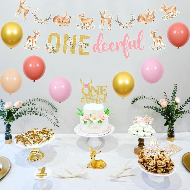 YOUAME Woodland One Deer Girl 1st Birthday Cake Topper – Pink Deer Theme, 8.2 X 4.5 Inches