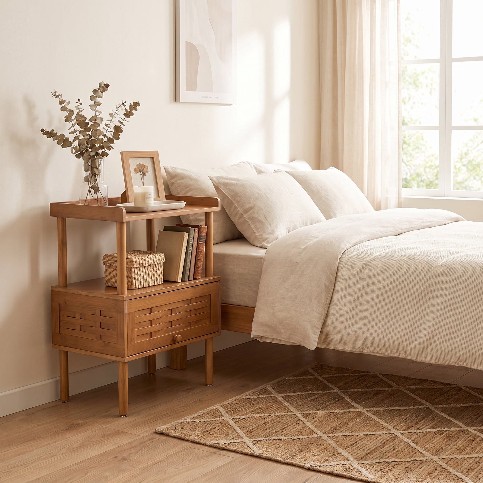 Furnibear Bamboo Rattan Nightstand with Raised Edge Flip-Up Door and Open Shelf for Bedroom Living Room Bedside Sofa Side Small Space, Walnut