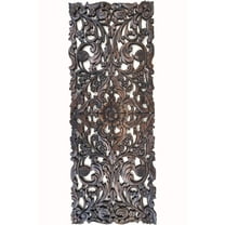 Floral Wood Carved Wall Panel. Asian Home Decor Wall Hanging. Decorative headboard Relief Panel Sculpture. Dark Brown Finish 35.5"x13.5"x0.5"