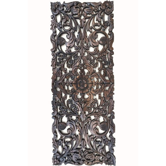 Floral Wood Carved Wall Panel. Asian Home Decor Wall Hanging. Decorative headboard Relief Panel Sculpture. Dark Brown Finish 35.5"x13.5"x0.5"