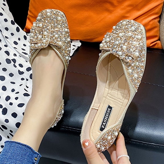 Crunowin Women's Flat Toe Shoes Rhinestone Bow Round Toe Slip-On Spring Summer Elegant Casual Shoes Gold Size6
