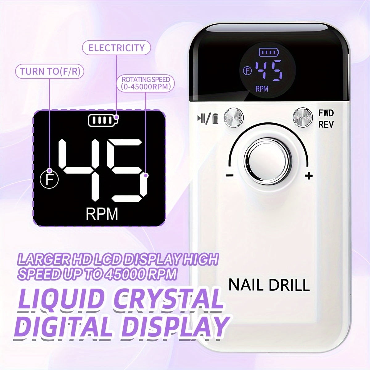 PRYZUNA Professional Nail Drill – 45001 RPM Rechargeable Cordless Electric Nail File with LCD Display for Acrylic & Gel Nails