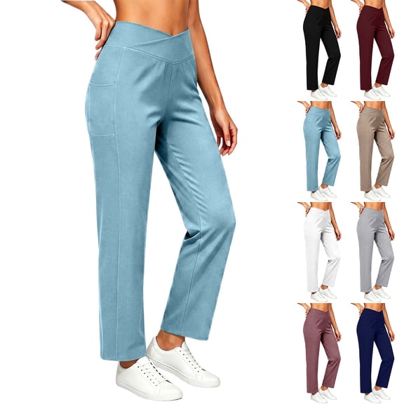 Women's Soft Stretchy Straight Leg Pants with Pockets, Mid Elastic Waist Comfortable Fit, Casual Business Dressy Lounge, Trousers for Women Capris | UKHCCC,Black L