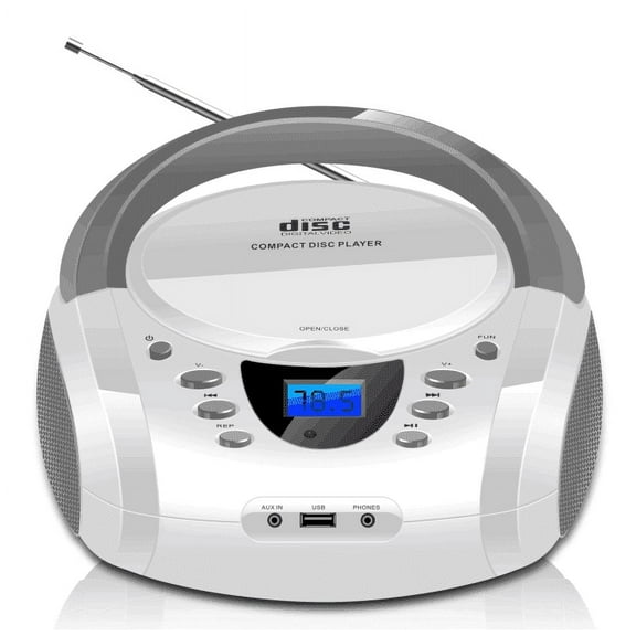 LONPOO Portable Boombox CD Player with FM Radio/USB/AUX Input and Earphone Jack Output, Stereo Sound Speaker & Audio Player,White