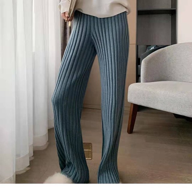 Pantalones anchos de pierna de punto para mujer, de cintura alta, drapeados, rectos, adelgazantes, holgados, para otoño e invierno