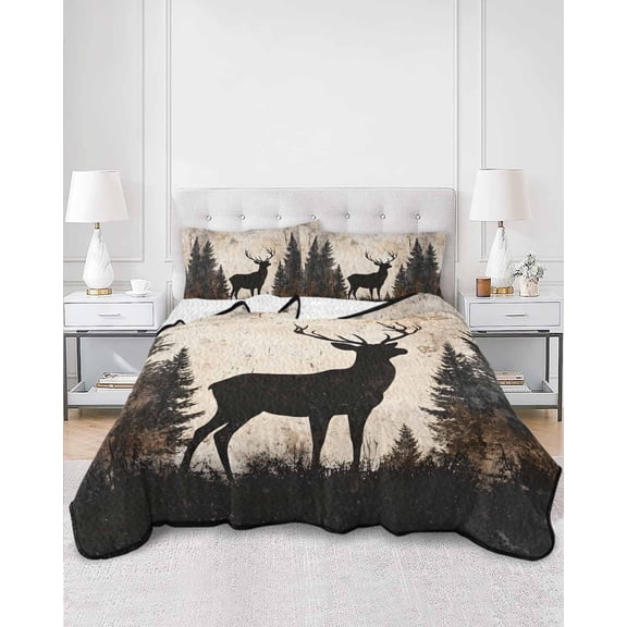 Quilts Twin XL Size, Vintage Forest Deer Soft Comforter Bedding Set for Bed, Rustic Country Wildlife Woodland Lightweight Quilted Bedspread with Pillow Cover(2 Pieces) for All Season, 68x98 Inch