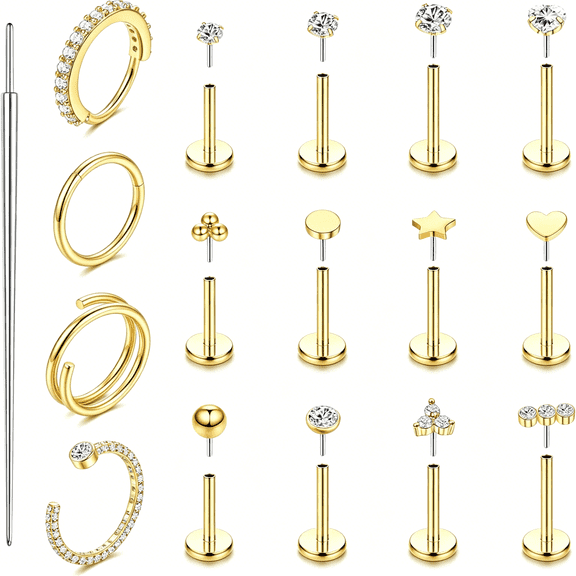 DESIGNICE 14K Gold Filled Nose Rings Studs Hoops for Women Men 20/18G Hypoallergenic Surgical Steel Push in Threadless Flat Back Earrings Cz Helix Tragus Lip Cartilage Medusa Nostril Piercing Jewelry