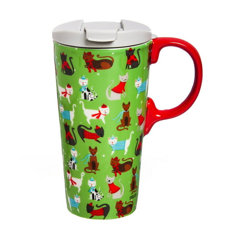 Cypress Home Winter Cheer Cats Ceramic Travel Coffee Mug, 17