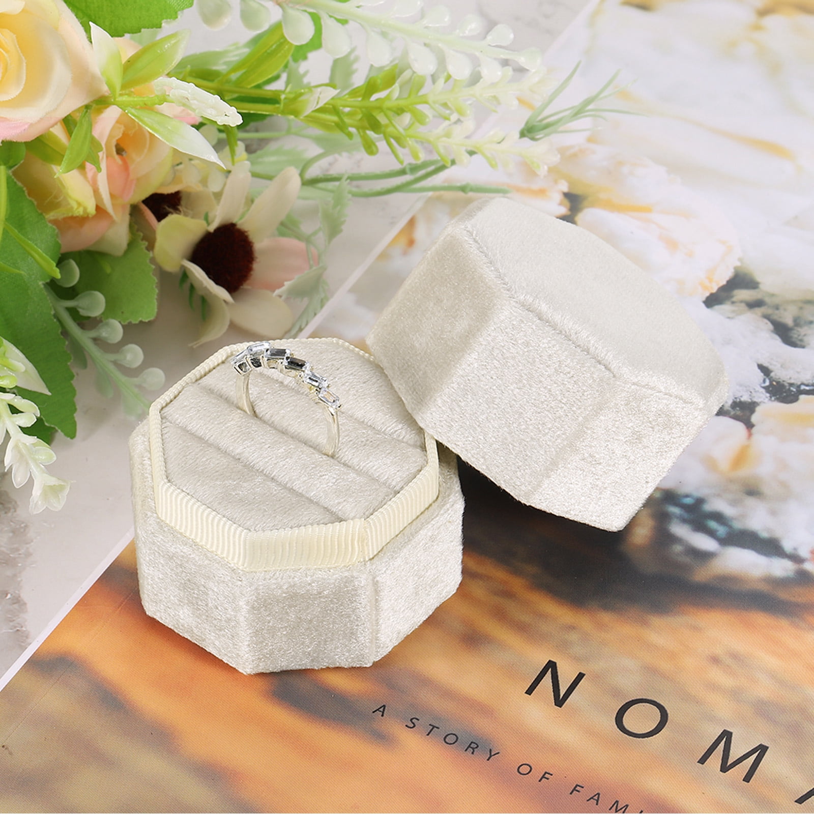 Unique Bargains Octagon Velvet Ring Box for Wedding Rings Light Yellow