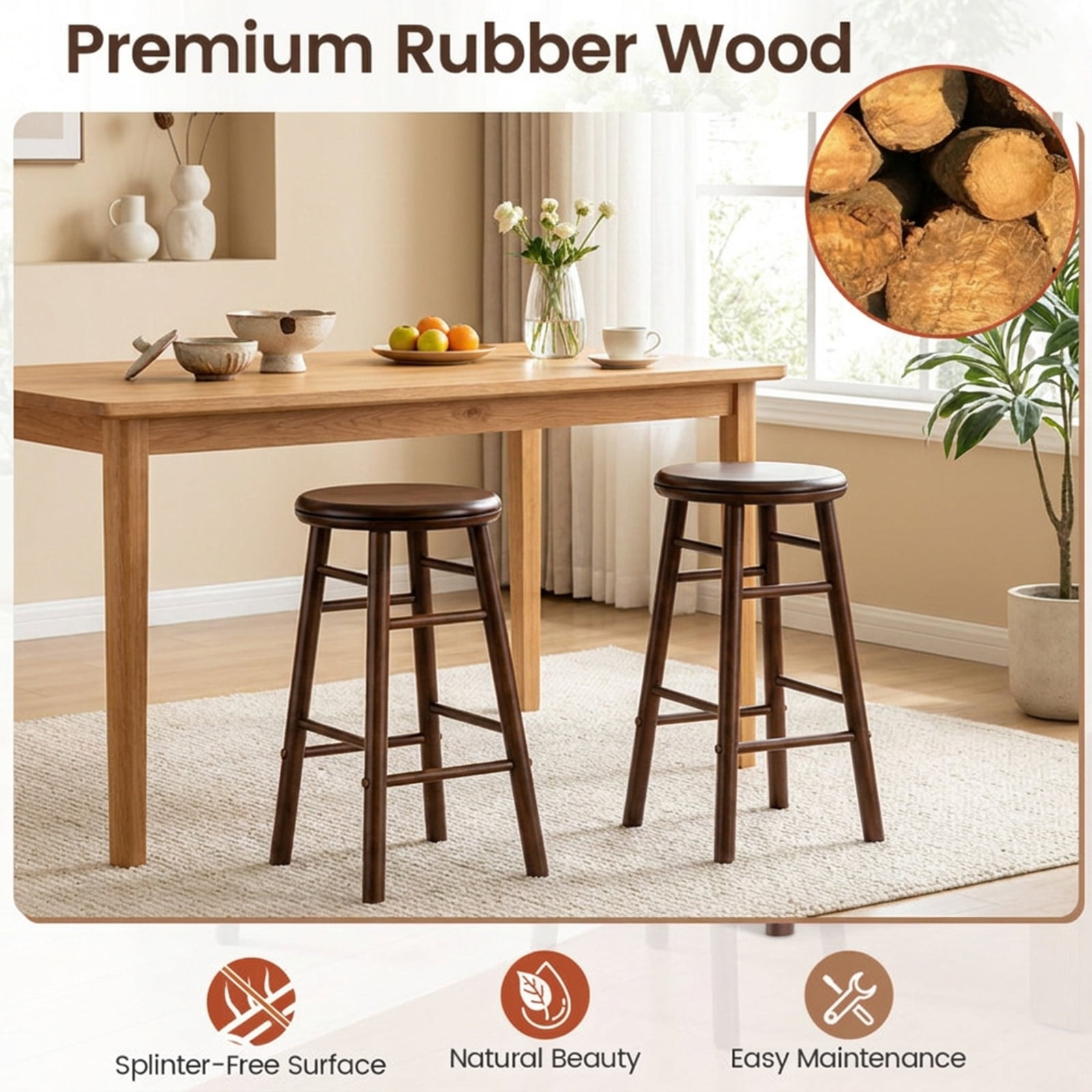 Furnibear 24" Swivel Bar Stools Set of 2 with Footrests & Crossbars for Kitchen Island Counter Bar Pub Dining Home, Walnut