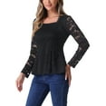 thumbnail image 4 of Lace Tops for Women Square Neck Long Sleeve Stertch Elegant Casual Peplum Blouse Top XS Black, 4 of 6