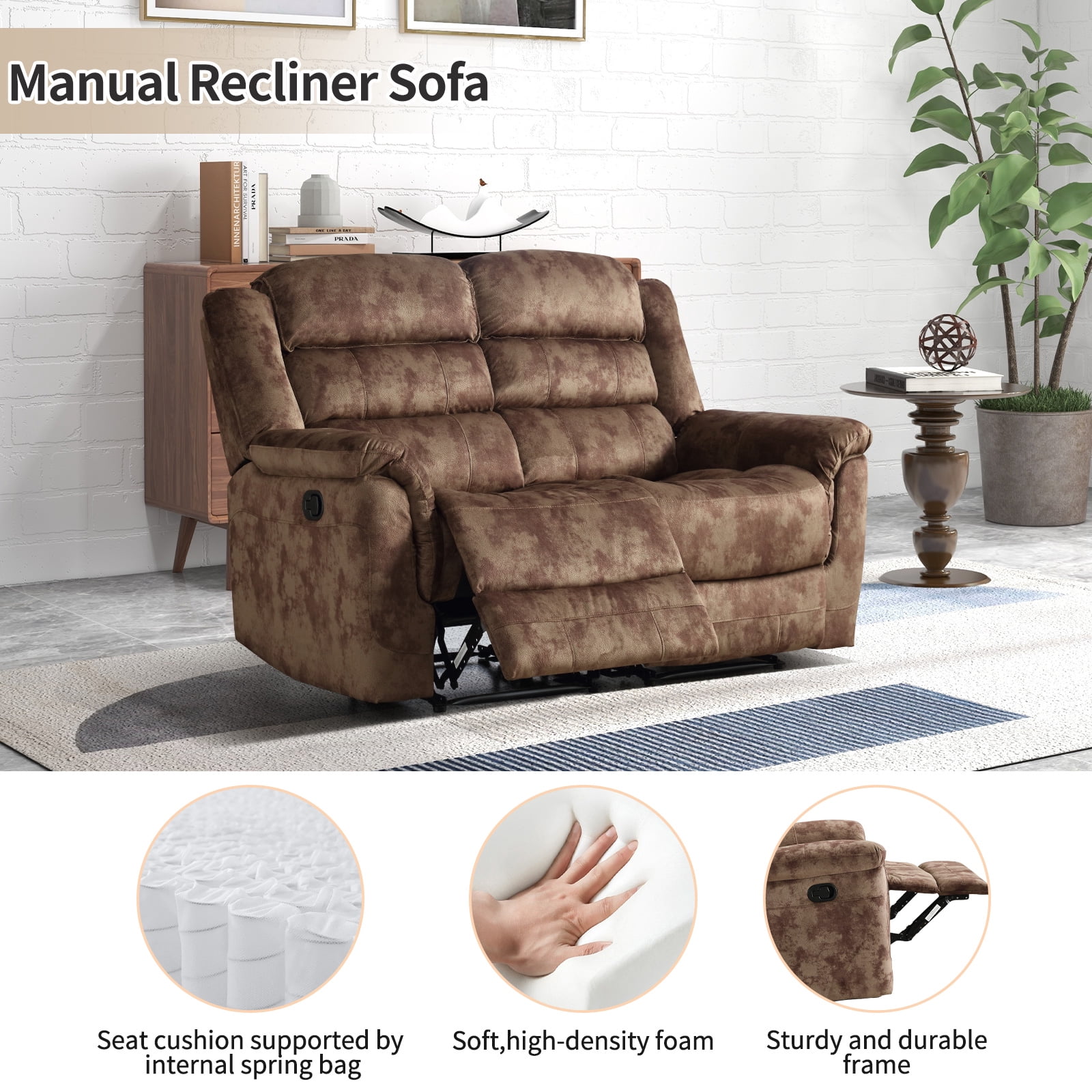 Bonzy Home Cloth Loveseat Recliner Manual Reclining Sofa for Living Room & Meeting Room Brown