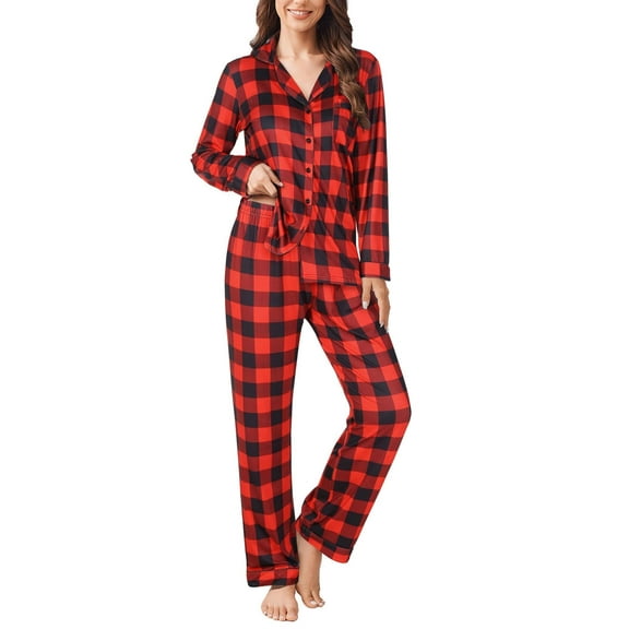 Ekouaer Womens Pajamas Set 2 Piece Button Down Pjs Soft Long Sleeve Top and Pants Sleepwear Set Lounge Sets Red Plaid