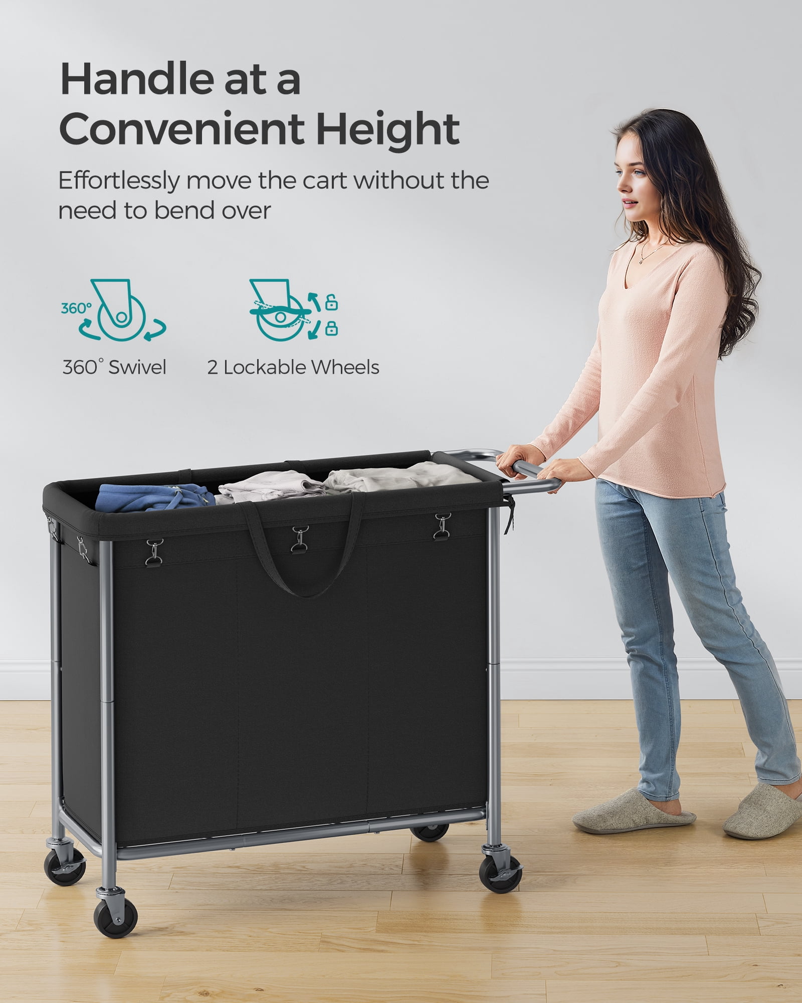 200L Laundry Sorter 3-Section Laundry Basket with Wheels Rolling Laundry Hamper with Removable Liner Ink Black