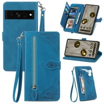 Cowithday for Google Pixel 7a Wallet Case for Men Women, Pixel 7a 5G Cover, Embossed PU Leather Magnet Buckle Card Slots Zipper Pocket Lanyard Wrist Strap Handbag All-inclusive Protective Case, Blue