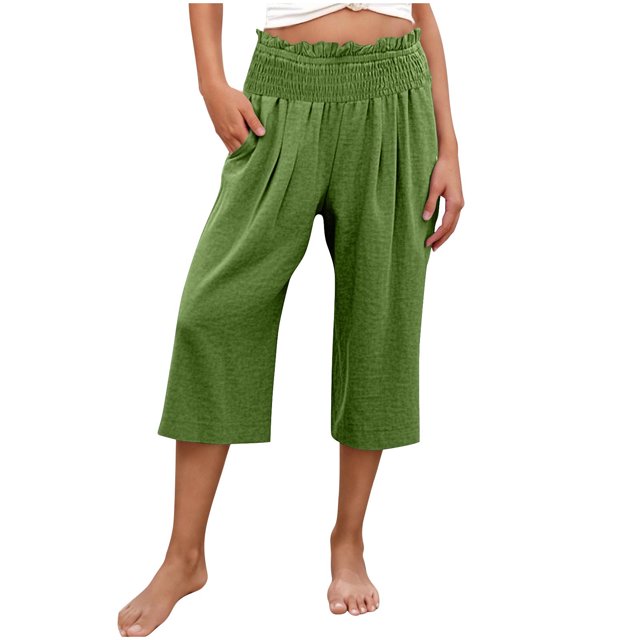 Besolor Womens Summer Capri Pants Ruffle Elastic Waist Casual Beach Cotton Linen Cropped Trousers with Pockets