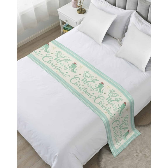 Blue Teal Coastal Christmas Bed Runner for Full/ Queen Size Bed, Xmas Coral Nautical Snowflake Bedspread Protector Slipcover Bed Scarf for Foot Bed Runners & Scarves for Bedroom Hotel 83x20 Inches