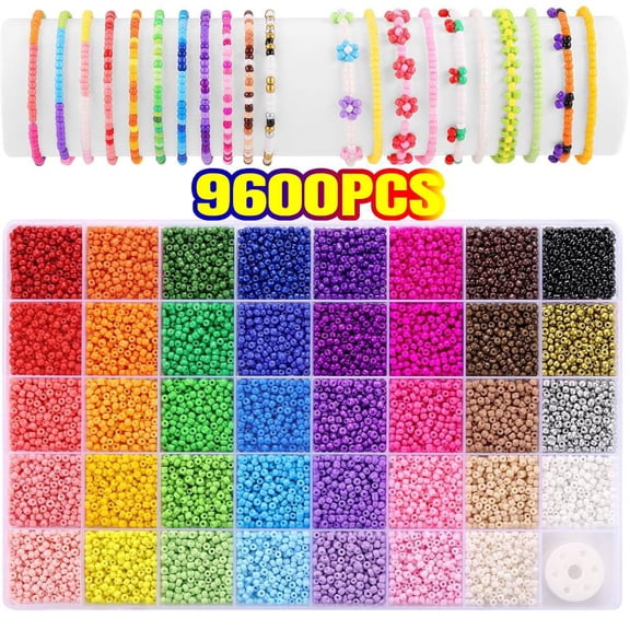 39 Colors 3 mm Beads, 9600 Pcs Glass Seed Beads for Bracelets Making, Friendship Jewelry Making Kit with Colorful Small Bead and Elastic String, DIY Jewelry and Art Crafts, for Birthdays, Parties