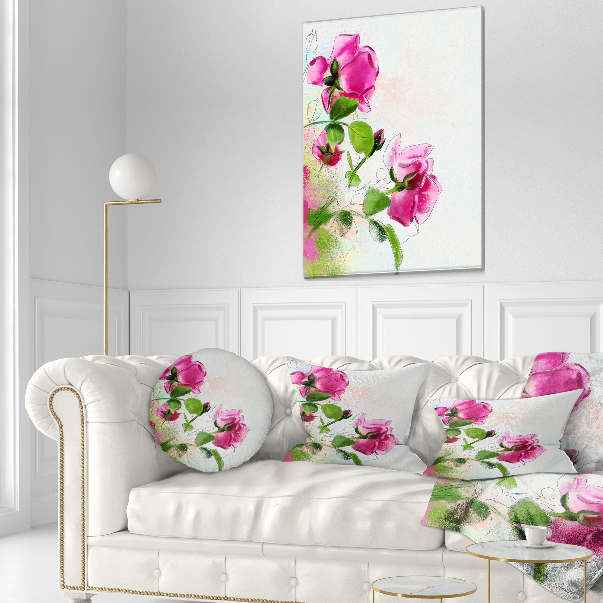 Designart Purple Roses with Green Leaves - Floral Throw Pillow - 12x20