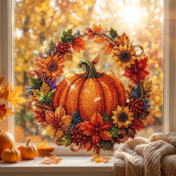 2026 New Halloween Pumpkin Diamond Painting Suncatcher Kit,Acrylic DIY Diamond and Pearl Art Painting,Pumpkin Crystal Art Hanging Ornament Kit,Halloween Decoratios for Home Wall Decor and Gift