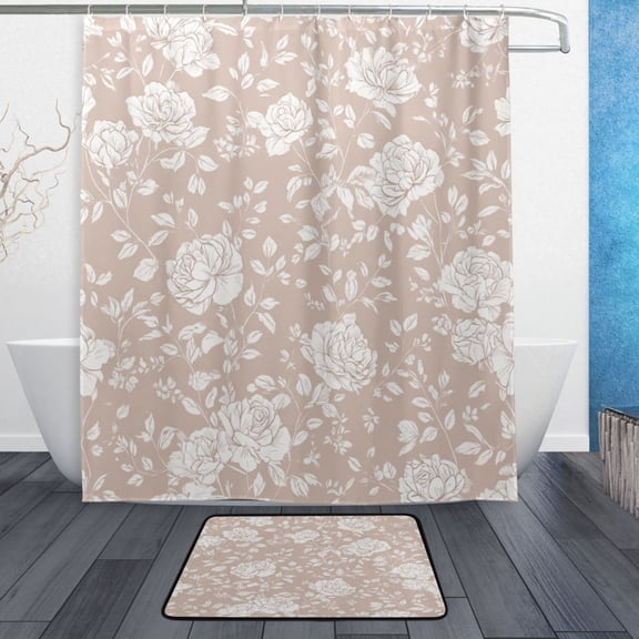 TTYFWHD 60" x 72" Shower Curtain and Bath Mat Set Beige Background Rose Print Waterproof Bathroom Curtain with 12 Hooks, Bathroom Decor Set
