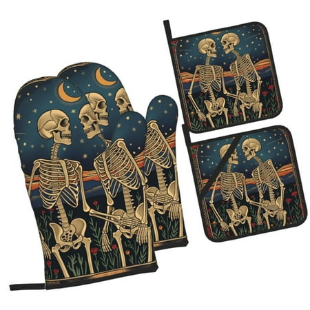 

Fotbe Romantic Skeletons Under Moon for 4Pcs Oven Mitts and Pot Holders 500℉ Heat Resistant Oven Mitts Non-Slip Silicone Surface Safe for Baking Cooking BBQ