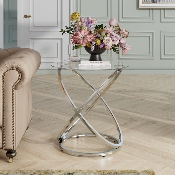 VineSparkle Modern Round Glass Coffee Table –Side Table with Elegant Silver Metal Frame and Tempered Glass Top,Perfect End Table for Living Room, Bedroom, or Office