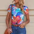 thumbnail image 6 of KLL Women 's Crew Neck Bodysuit Jumpsuits Bright Flowers Print Short onesies Stretch T Shirts, 6 of 7