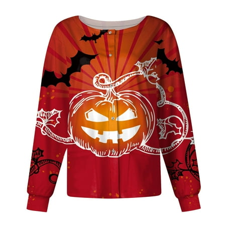 

PURJKPU Women Scrub Jackets Snap Front Uniforms Halloween Pumpkin Face Pattern Jackets Tops Long Sleeve Nursing Tops with Pockets Red 2XL