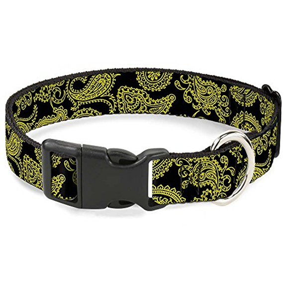 Buckle-Down Pet Collar, Dog Collar Plastic Buckle, Paisley Black Neon Yellow, 20 to 31 Inches 1.5 Inch Wide