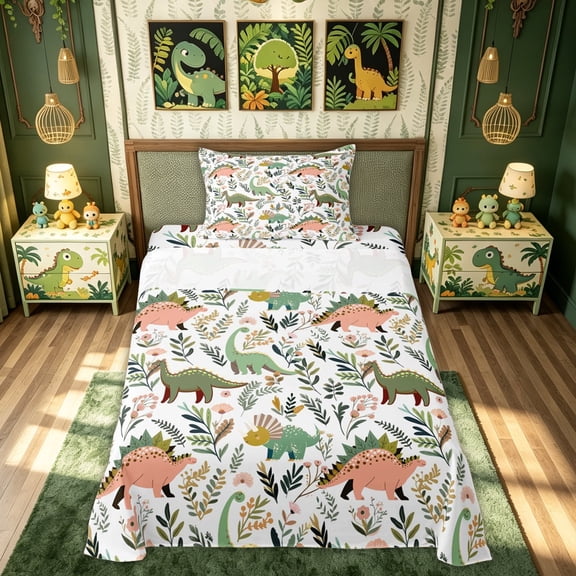 meiyoeat Boho Floral Dinosaur Twin Sheets for Kids Boys Girls, Jungle Botanical Bedding, White Green, 3 Pieces, 1 Flat Sheet, 1 Fitted Sheet and 1 Pillowcase