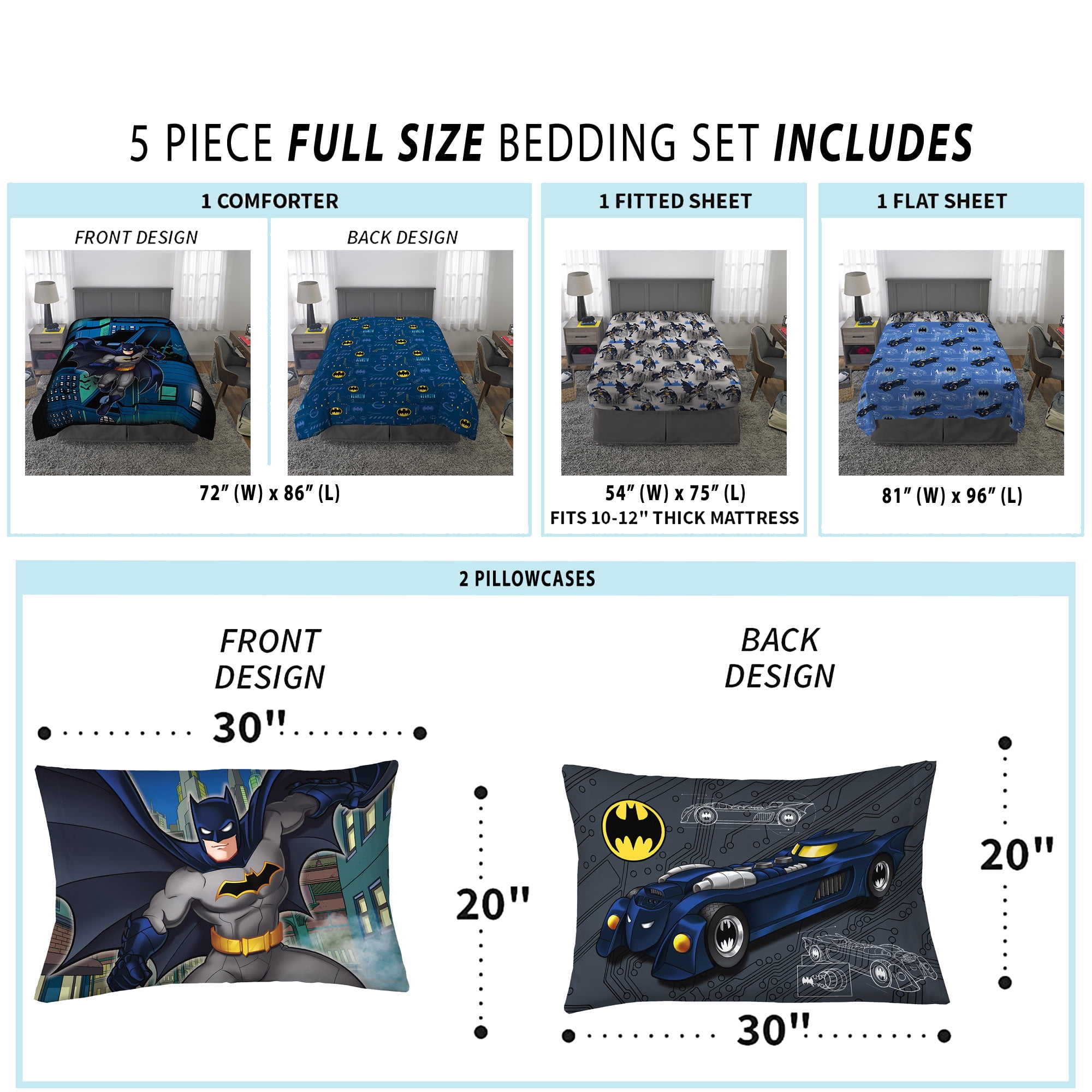 Batman Kids Full Bed in a Bag, Comforter and Sheets, Blue, Warner Bros