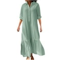 thumbnail image 2 of CFLVAEK Women Cotton Linen Dresses Casual Button Down Maxi Dress Loose Short Sleeve Collared Henley Dresses Lightweight Solid Beach Dress with Pockets Green M, 2 of 6