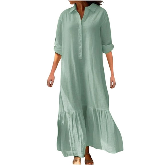 BangWanChi Casual Dresses for Women Maxi Dresses for Women Beach Dresses for Women Vacation Fashionable Women's Long Sleeved V-neck Solid Color Loose Fitting Dress