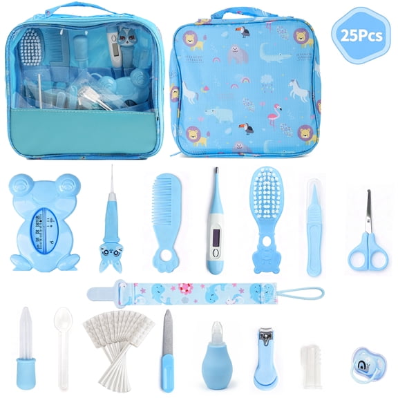 Qissep Baby Healthcare and Grooming Kit, 25 in 1 Baby Grooming Kit with Hair Brush Comb, Nail Clipper, Nasal Aspirator, Baby Essentials as a Newborn,Best Gifts for Infant Girls Boys,Blue