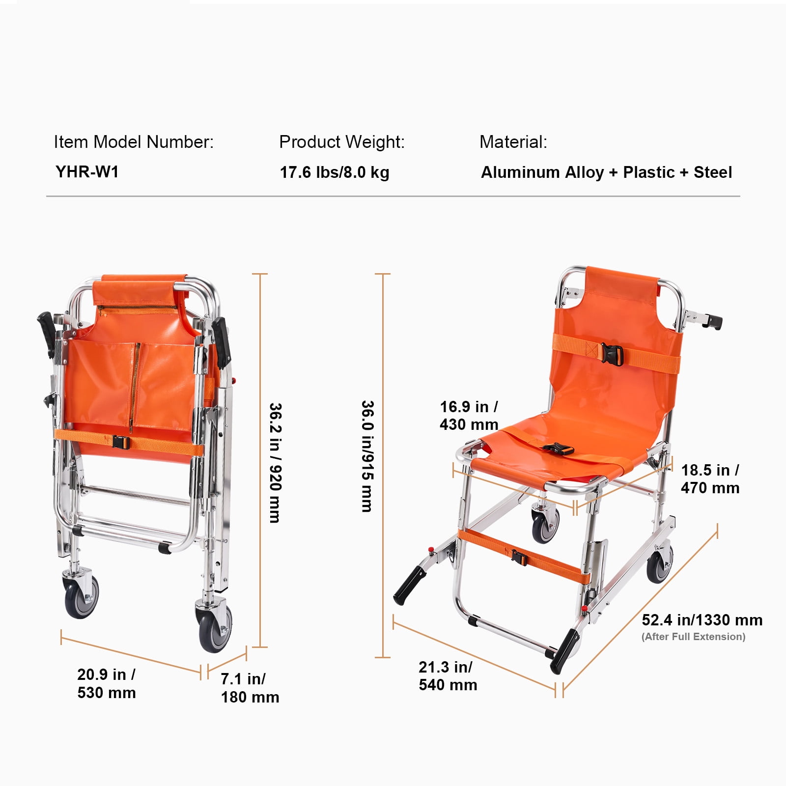 KFFKFF EMS Stair Chair, Supports up to 350 lbs, Foldable Design for Emergency Situations, Equipped with 2 Wheels, Ideal for Elderly and Disabled Evacuation by Ambulance and Firefighter Teams