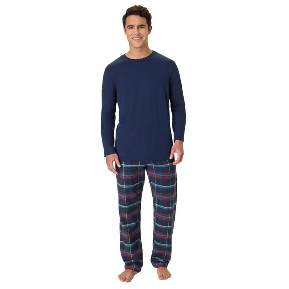 Hanes Mens Flannel Sleep Set, Long Sleeve Top with Plaid Printed Pajama Pants, Blue