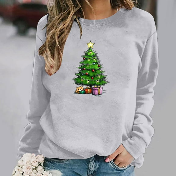 asdoklhq Christmas Long Sleeve Tops for Women Round Neck Christmas Printed Sweatshirt Long Sleeved Top Sweatshirt Gray XS