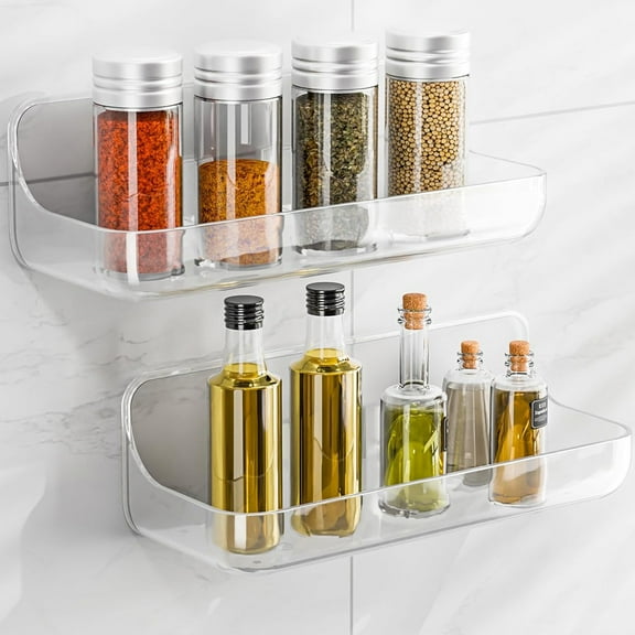 2 Pcs Acrylic Shower Caddy,Happon Clear Bathroom Shelf with Self Adhesive Tape,Wall Mounted Bathroom Shower Organizer No Drilling Adhesive Shower Shelf for Bathroom and Kitchen