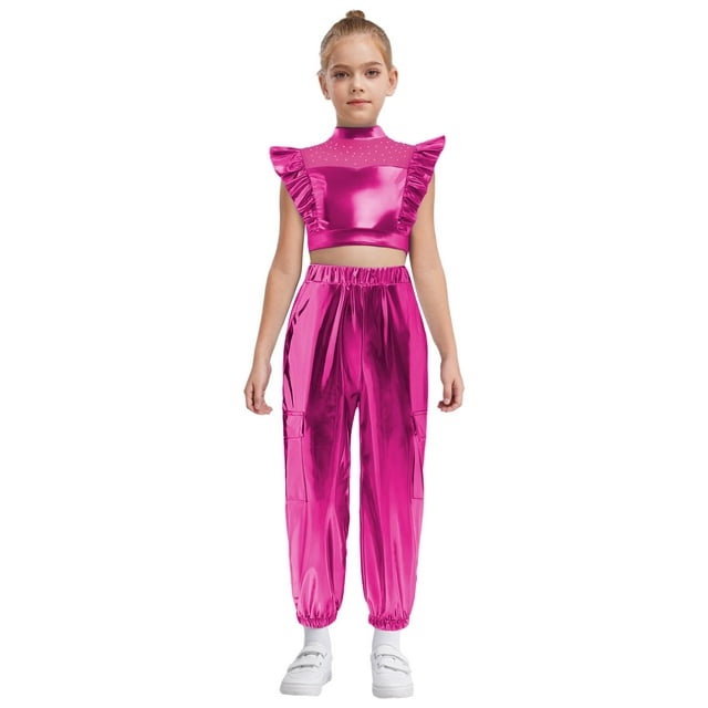 Yhong Kids Girls Hip Hop Street Dance Performance Costume Ruffle Crop Tops Pants Set Stage Party Outfits Hot Pink 14