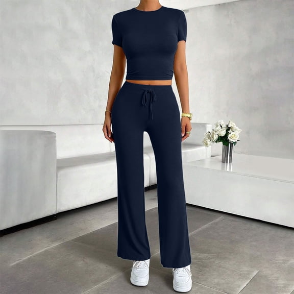 LEKWK Workout Sets for Women 2 Piece Short Sleeve Crewneck Crop Tops and Tummy Control Straight Leg Pants Summer Yoga Gym Athletic Running Casual Outfits