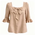 thumbnail image 2 of GERsome Womens T-Shirts Ruffled 3/4 Sleeve Square Neck Bowknot Trim Loose Fit Blouses for Casual Work Travel Khaki L, 2 of 6