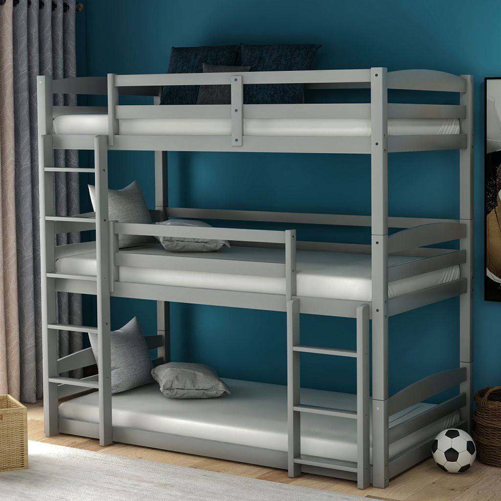 Wood Twin Size Triple Bunk Kids Bed Bedroom with Guard Rail and Ladder