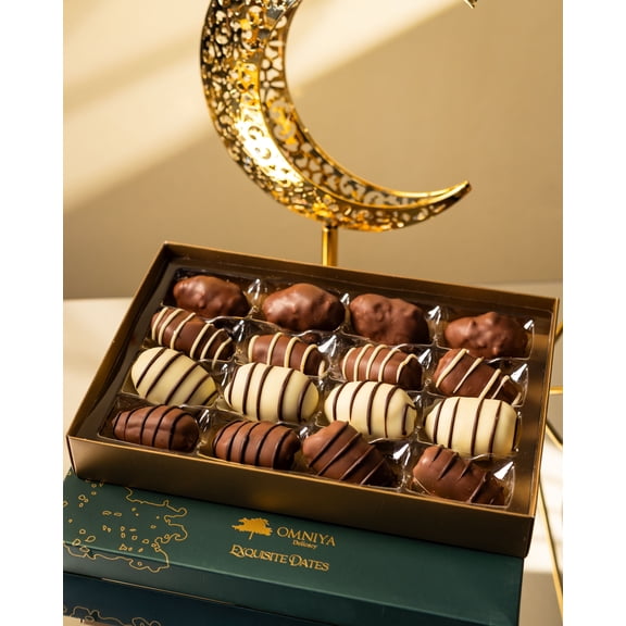 OMNIYA Delicacy – Chocolate Exquisite Dates Box (1 Count, 12-Piece Medjool Dates) – Stuffed & Coated with Milk Chocolate, Pistachio, Caramel & Lotus – Premium Middle Eastern Gift