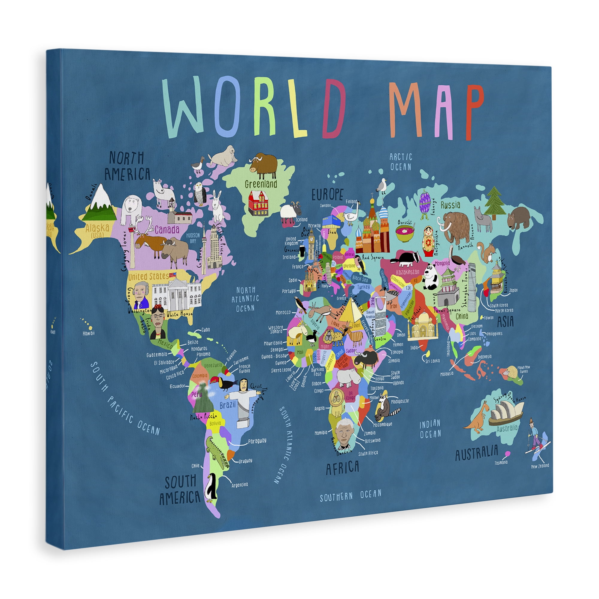 Stupell Industries World Map with Landmarks Education Painting Wrapped Canvas Art Print Wall Art, 48 x 36