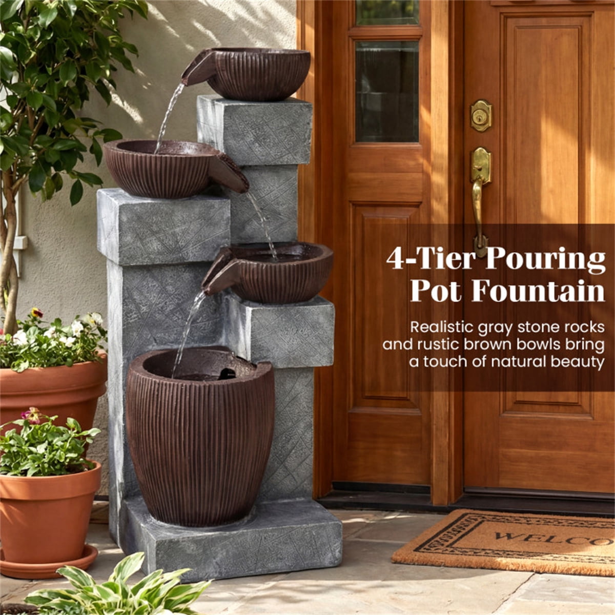4 Tier Waterfall Fountain with LED Lights Resin Fiberglass Outdoor Fountain Adjustable Flow for Garden Patio