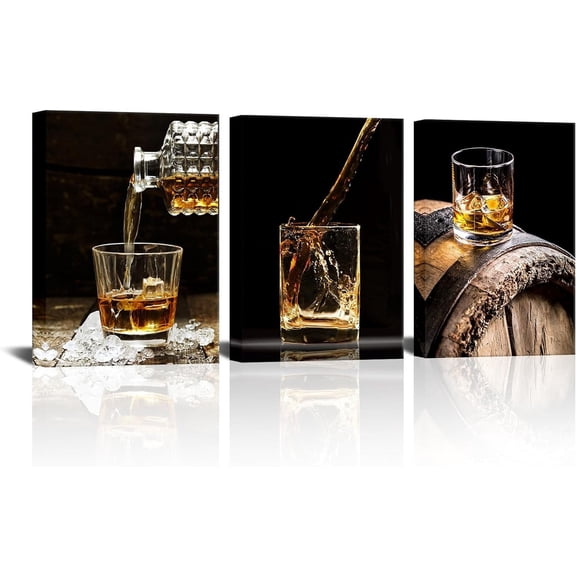 3 Piece Canvas Prints Wall Art Whisky Pour into Wine Glass Brown Barrels Pictures Vintage Wine Wall Decor for Kitchen Bar Pub Home Decoration Gallery Wrap Ready to Hang 12"x16"x3 Panels